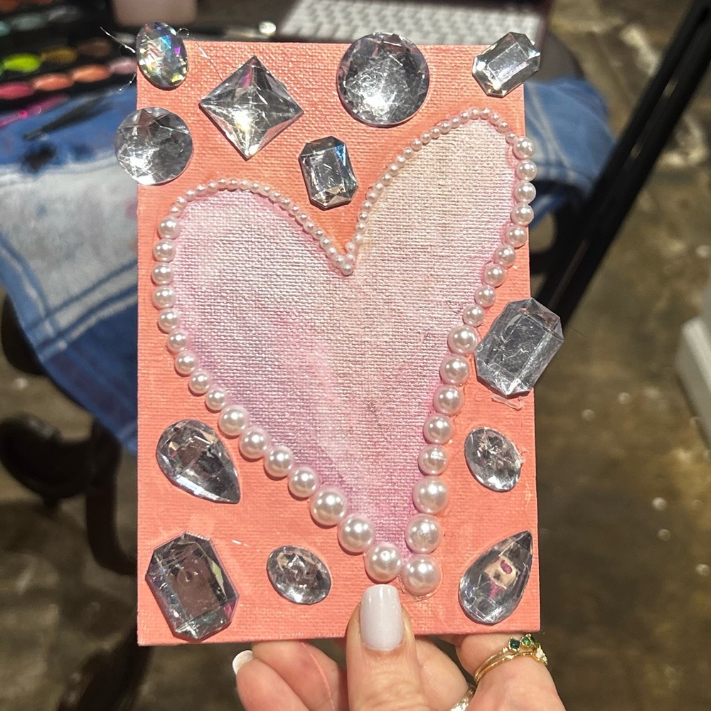 HANDMADE - Pink Heart Art with Gems and Pearls (plz comment your thoughts)